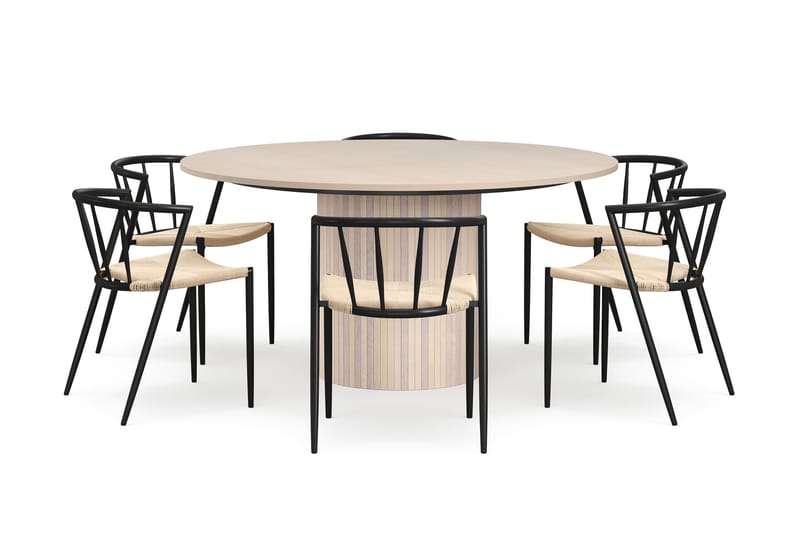 Kopparbo Pyöreä Ruokapöytä 150 cm 6 Winston Ruokatuolilla - Valkoinen / Beige / Metallijalat Musta - Huonekalut - Pöytä & ruokailuryhmä - Ruokailuryhmä