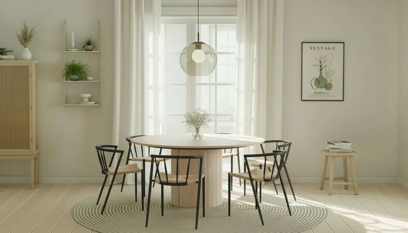 Kopparbo Pyöreä Ruokapöytä 150 cm 6 Winston Ruokatuolilla - Valkoinen / Beige / Metallijalat Musta - Huonekalut - Pöytä & ruokailuryhmä - Ruokailuryhmä