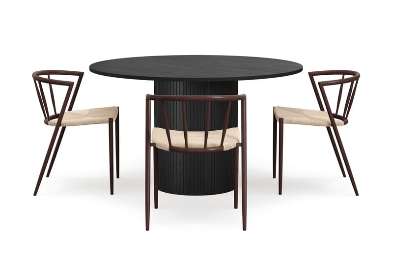 Kopparbo Pyöreä Ruokapöytä 130 cm 4 Winston Ruokatuolilla - Mustapuu / Beige / Metallijalat Savutammi - Huonekalut - Pöytä & ruokailuryhmä - Ruokailuryhmä