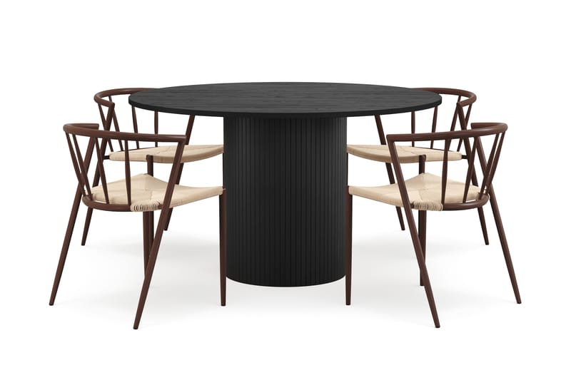 Kopparbo Pyöreä Ruokapöytä 130 cm 4 Winston Ruokatuolilla - Mustapuu / Beige / Metallijalat Savutammi - Huonekalut - Pöytä & ruokailuryhmä - Ruokailuryhmä
