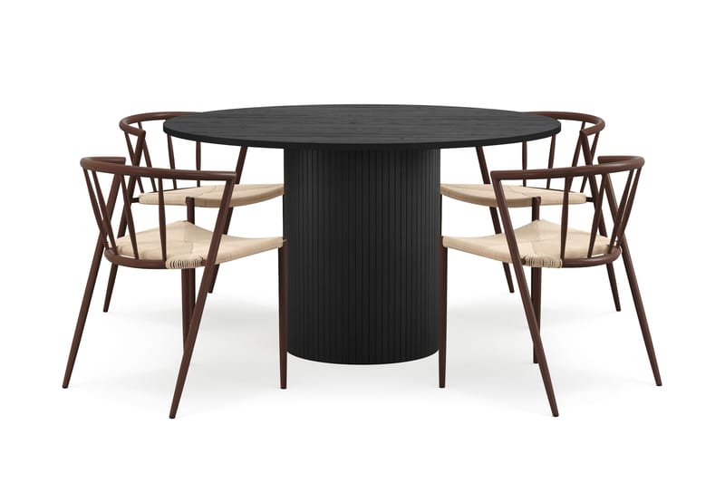 Kopparbo Pyöreä Ruokapöytä 130 cm 4 Winston Ruokatuolilla, Mustapuu / Beige / Metallijalat Savutammi