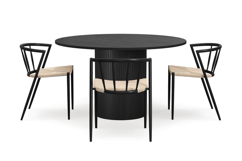 Kopparbo Pyöreä Ruokapöytä 130 cm 4 Winston Ruokatuolilla, Mustapuu / Beige / Metallijalat Musta