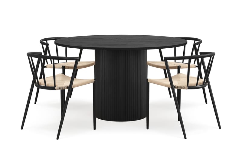 Kopparbo Pyöreä Ruokapöytä 130 cm 4 Winston Ruokatuolilla - Mustapuu / Beige / Metallijalat Musta - Huonekalut - Pöytä & ruokailuryhmä - Ruokailuryhmä