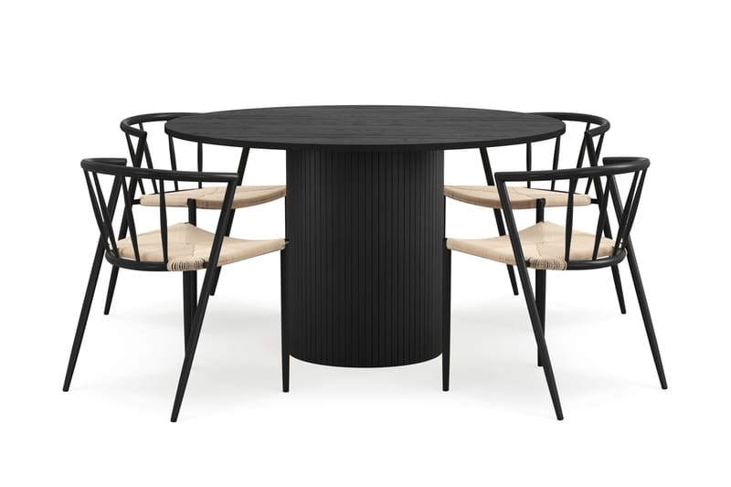 Kopparbo Pyöreä Ruokapöytä 130 cm 4 Winston Ruokatuolilla, Mustapuu / Beige / Metallijalat Musta