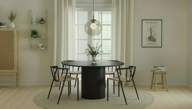 Kopparbo Pyöreä Ruokapöytä 130 cm 4 Winston Ruokatuolilla, Mustapuu / Beige / Metallijalat Musta