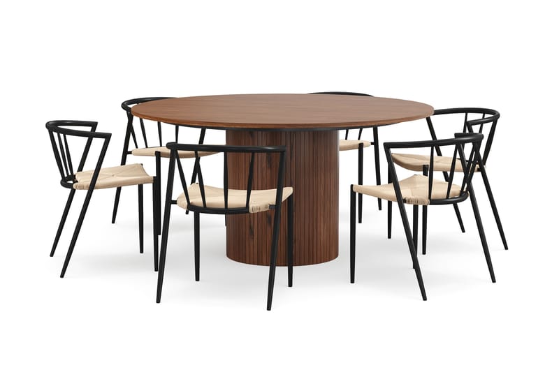 Kopparbo Pyöreä Ruokapöytä 150 cm 6 Winston Ruokatuolilla, Pähkinä / Beige / Metallijalat Musta