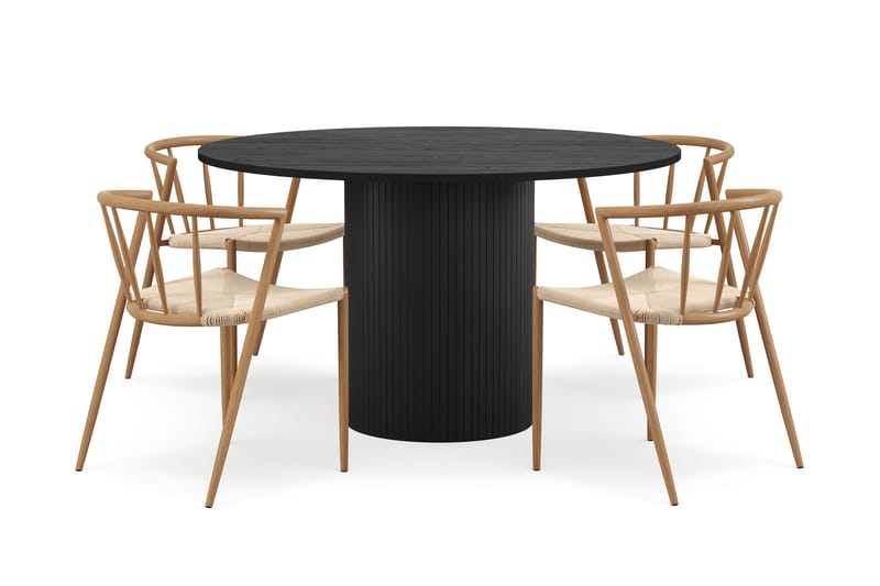 Kopparbo Pyöreä Ruokapöytä 130 cm 4 Winston Ruokatuolilla, Mustapuu / Beige / Metallijalat Tammi