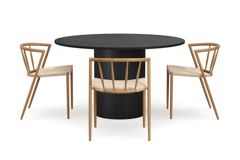 Kopparbo Pyöreä Ruokapöytä 130 cm 4 Winston Ruokatuolilla - Mustapuu / Beige / Metallijalat Tammi - Huonekalut - Pöytä & ruokailuryhmä - Ruokailuryhmä