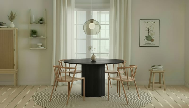 Kopparbo Pyöreä Ruokapöytä 130 cm 4 Winston Ruokatuolilla - Mustapuu / Beige / Metallijalat Tammi - Huonekalut - Pöytä & ruokailuryhmä - Ruokailuryhmä