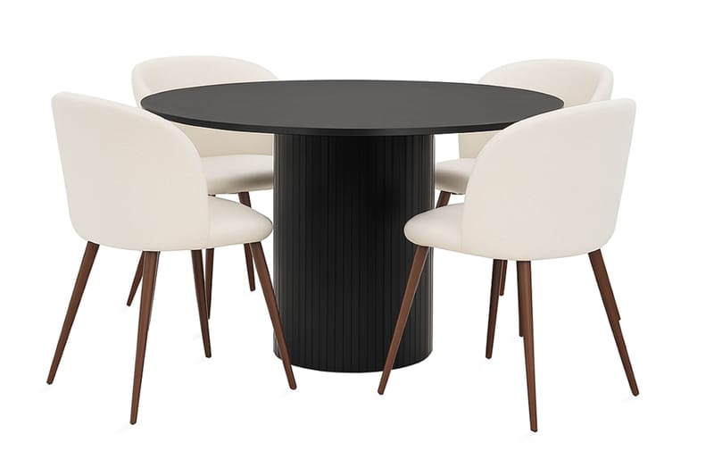 Kopparbo Pyöreä Ruokapöytä 130 cm 4 Greya Ruokatuolia käsinojilla, Mustapuu / Valkoinen Bouclé / Metallijalat Pähkinä