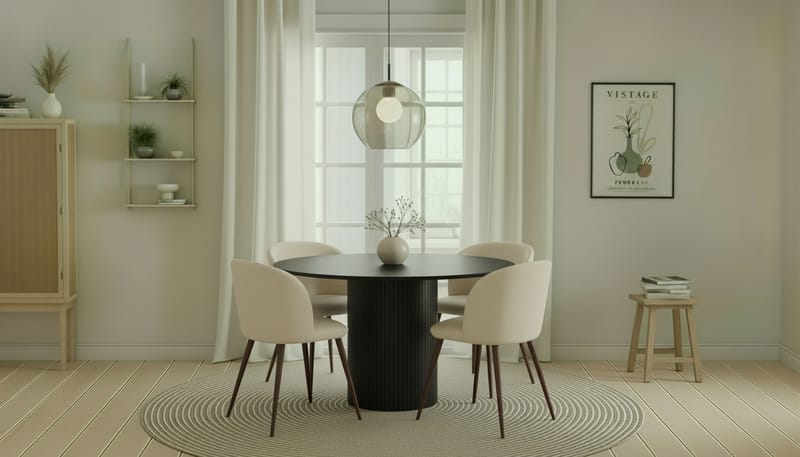 Kopparbo Pyöreä Ruokapöytä 130 cm 4 Greya Ruokatuolia käsinojilla - Mustapuu / Valkoinen Bouclé / Metallijalat Pähkinä - Huonekalut - Pöytä & ruokailuryhmä - Ruokailuryhmä