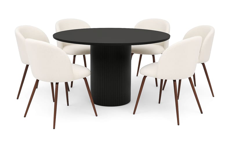 Kopparbo Pyöreä Ruokapöytä 130 cm 6 Greya Ruokatuolia käsinojilla, Mustapuu / Valkoinen Bouclé / Metallijalat Pähkinä