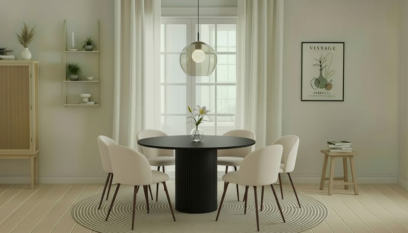 Kopparbo Pyöreä Ruokapöytä 130 cm 6 Greya Ruokatuolia käsinojilla - Mustapuu / Valkoinen Bouclé / Metallijalat Pähkinä - Huonekalut - Pöytä & ruokailuryhmä - Ruokailuryhmä