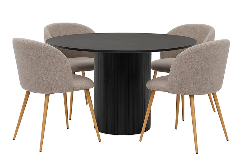 Kopparbo Pyöreä Ruokapöytä 130 cm 4 Greya Ruokatuolia käsinojilla, Mustapuu / Greige Bouclé / Metallijalat Tammi