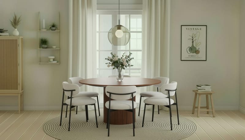 Kopparbo Pyöreä Ruokapöytä 150 cm 6 Lucy Ruokatuolilla - Pähkinä / Valkoinen Bouclé / Metallijalat Musta - Huonekalut - Pöytä & ruokailuryhmä - Ruokailuryhmä