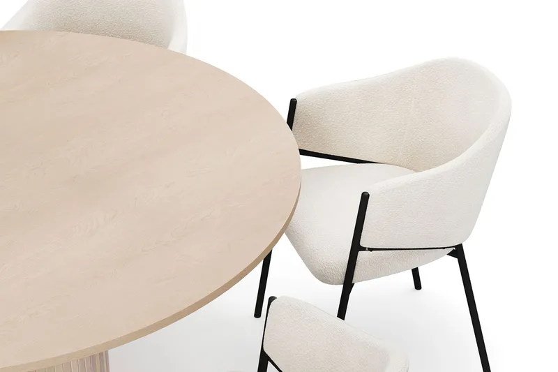 Kopparbo Pyöreä Ruokapöytä 150 cm 6 Filip Ruokatuolilla - Valkoinen / Valkoinen Bouclé - Huonekalut - Pöytä & ruokailuryhmä - Ruokailuryhmä