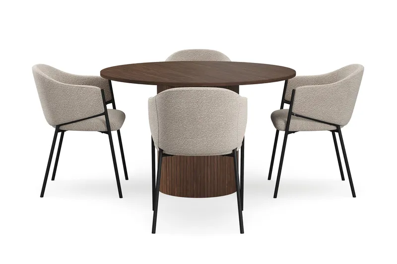 Kopparbo Pyöreä Ruokapöytä 120 cm 4 Filip Ruokatuolilla - Tummanruskea / Taupe Bouclé - Huonekalut - Pöytä & ruokailuryhmä - Ruokailuryhmä