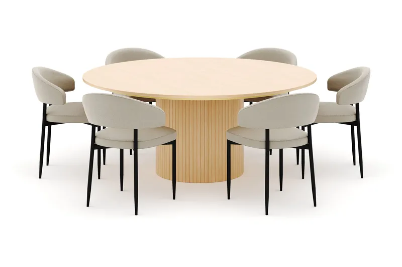 Kopparbo Pyöreä Ruokapöytä 180 cm ja 6 Sawako Tuolia - Valkokuultoinen - Huonekalut - Pöytä & ruokailuryhmä - Ruokailuryhmä