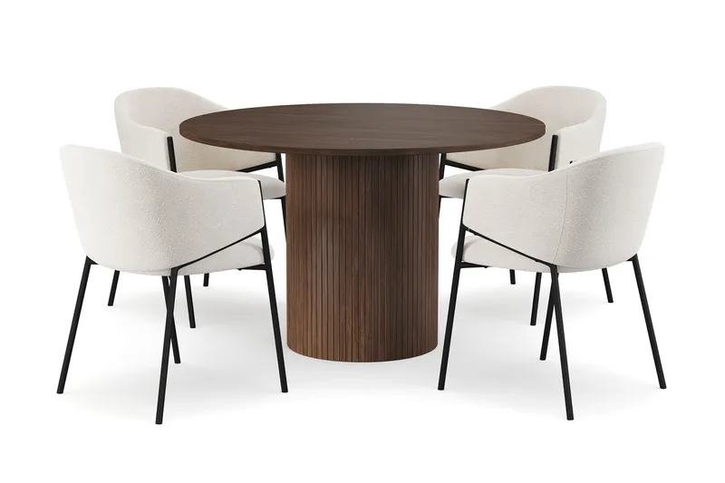 Kopparbo Pyöreä Ruokapöytä 120 cm 4 Filip Ruokatuolilla - Tummanruskea / Valkoinen Bouclé - Huonekalut - Pöytä & ruokailuryhmä - Ruokailuryhmä