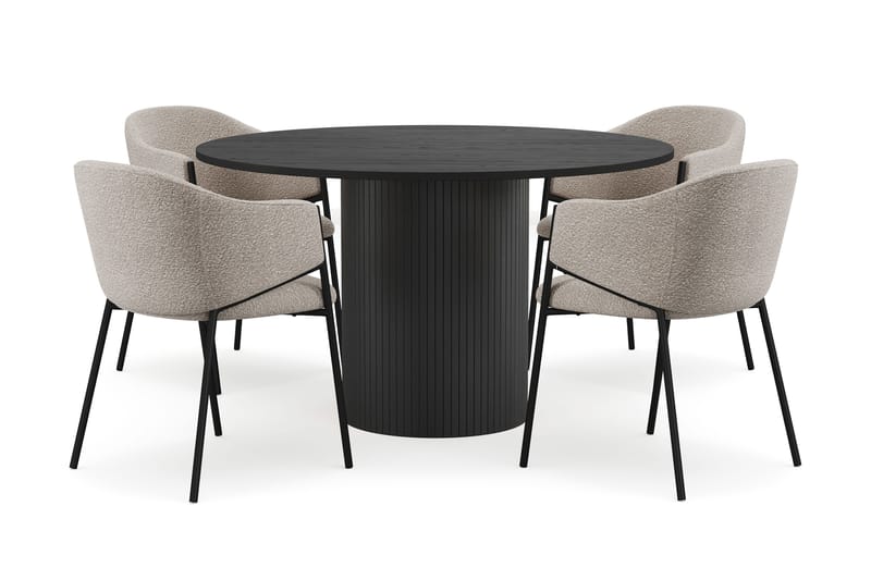 Kopparbo Pyöreä Ruokapöytä 130 cm 4 Filip Ruokatuolilla, Mustapuu / Taupe Bouclé