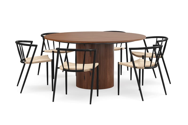 Kopparbo Pyöreä Ruokapöytä 150 cm 6 Winston Ruokatuolilla - Pähkinä / Beige / Metallijalat Musta - Huonekalut - Pöytä & ruokailuryhmä - Ruokailuryhmä