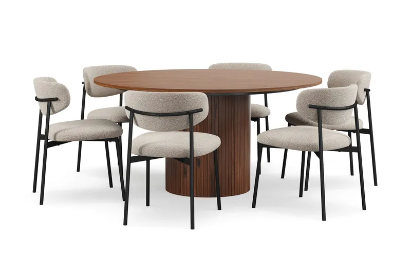 Kopparbo Pyöreä Ruokapöytä 150 cm 6 Lucy Ruokatuolilla - Pähkinä / Greige Bouclé / Metallijalat Musta - Huonekalut - Pöytä & ruokailuryhmä - Ruokailuryhmä