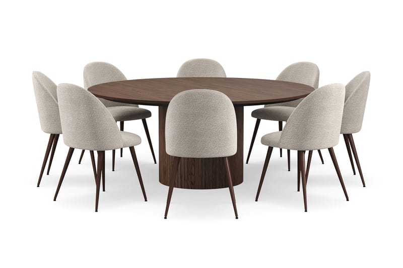 Kopparbo Pyöreä Ruokapöytä 180 cm 8 Nibe Plus Ruokatuolilla - Pähkinä / Greige Bouclé / Metallijalat Pähkinä - Huonekalut - Pöytä & ruokailuryhmä - Ruokailuryhmä