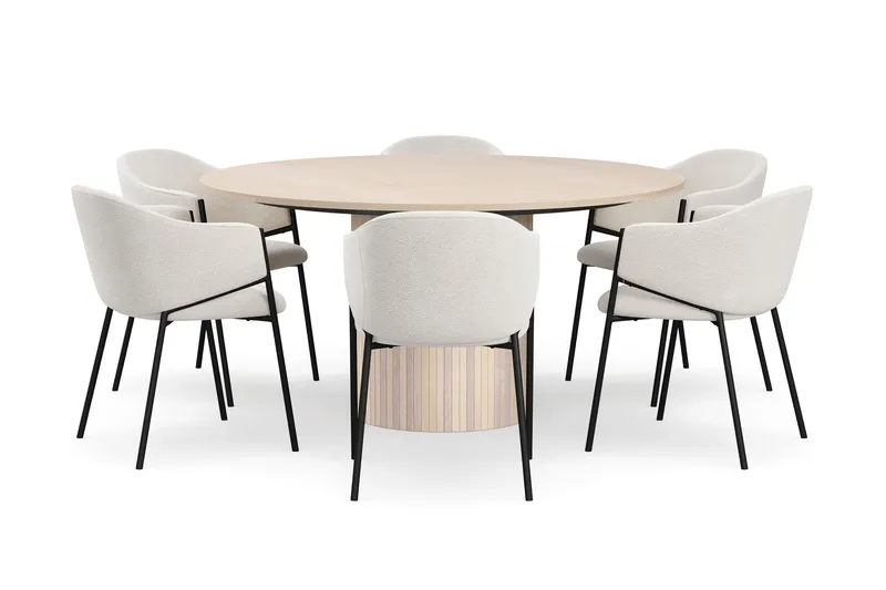 Kopparbo Pyöreä Ruokapöytä 150 cm 6 Filip Ruokatuolilla - Valkoinen / Valkoinen Bouclé - Huonekalut - Pöytä & ruokailuryhmä - Ruokailuryhmä