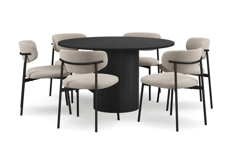 Kopparbo Pyöreä Ruokapöytä 130 cm 6 Lucy Ruokatuolilla, Mustapuu / Greige Bouclé / Metallijalat Musta