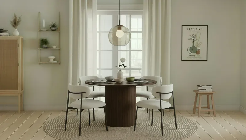 Kopparbo Pyöreä Ruokapöytä 120 cm 4 Lucy Ruokatuolilla - Tummanruskea / Valkoinen Bouclé / Metallijalat Musta - Huonekalut - Pöytä & ruokailuryhmä - Ruokailuryhmä