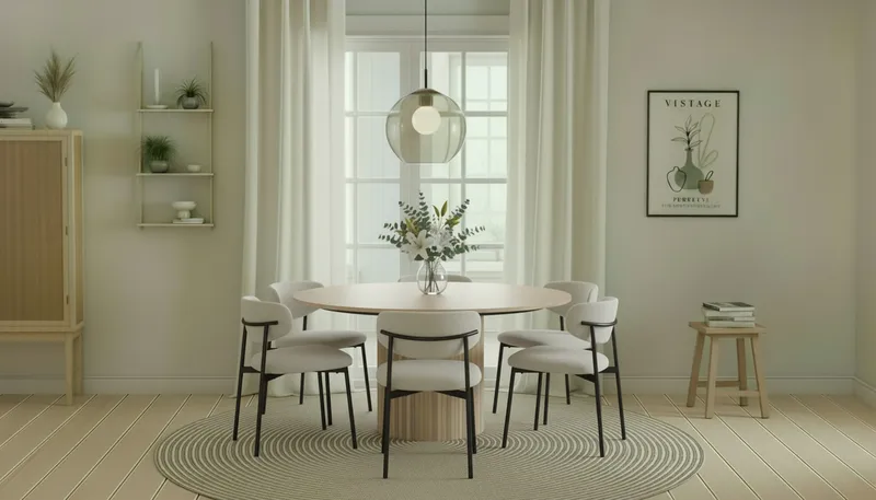 Kopparbo Pyöreä Ruokapöytä 150 cm 6 Lucy Ruokatuolilla - Valkoinen / Valkoinen Bouclé / Metallijalat Musta - Huonekalut - Pöytä & ruokailuryhmä - Ruokailuryhmä