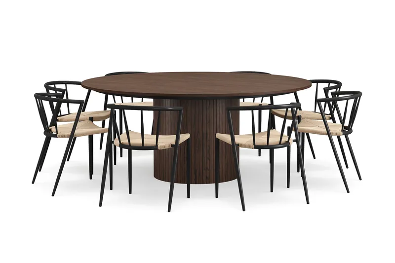 Kopparbo Pyöreä Ruokapöytä 180 cm 8 Winston Ruokatuolilla, Pähkinä / Beige / Metallijalat Musta