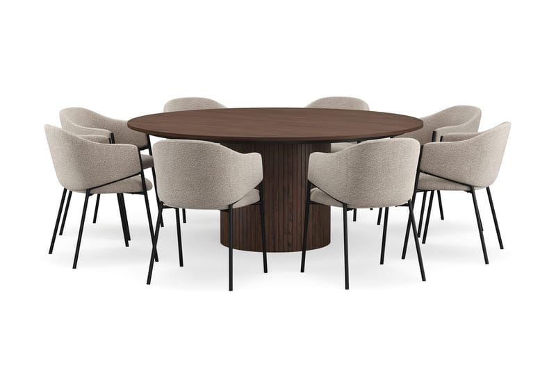 Kopparbo Pyöreä Ruokapöytä 180 cm 8 Filip Ruokatuolilla, Pähkinä / Taupe Bouclé