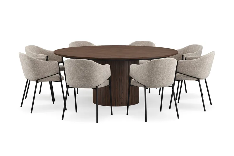 Kopparbo Pyöreä Ruokapöytä 180 cm 8 Filip Ruokatuolilla, Pähkinä / Taupe Bouclé