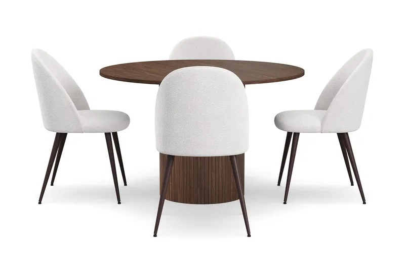 Kopparbo Pyöreä Ruokapöytä 120 cm 4 Nibe Plus Ruokatuolilla - Tummanruskea / Valkoinen Bouclé / Metallijalat Pähkinä - Huonekalut - Pöytä & ruokailuryhmä - Ruokailuryhmä