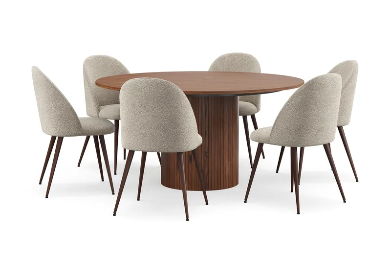 Kopparbo Pyöreä Ruokapöytä 150 cm 6 Nibe Plus Ruokatuolilla, Pähkinä / Greige Bouclé / Metallijalat Pähkinä