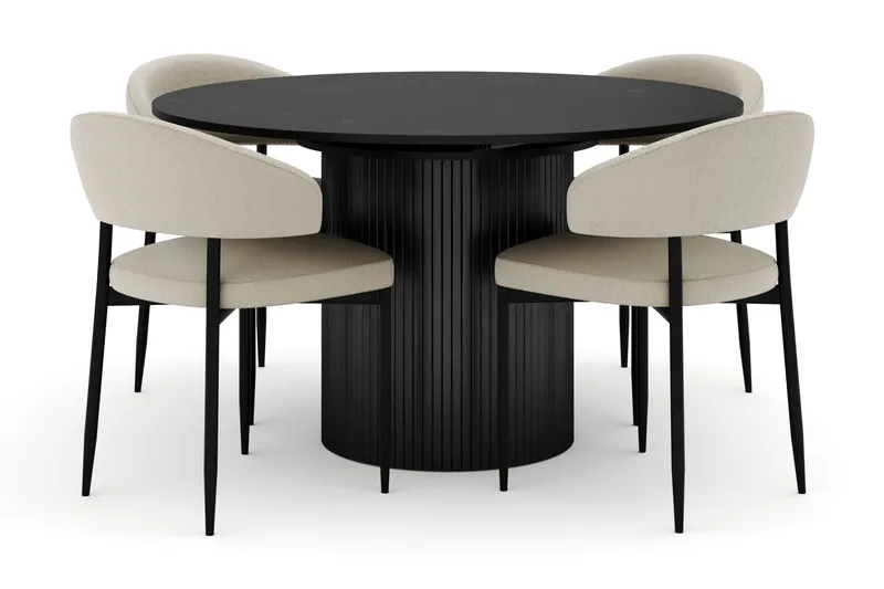 Kopparbo Pyöreä Ruokapöytä 130 cm Jatkettava ja 4 Sawako Tuolia, Musta