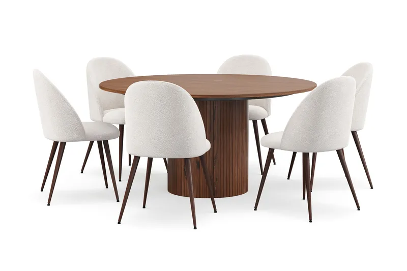 Kopparbo Pyöreä Ruokapöytä 150 cm 6 Nibe Plus Ruokatuolilla, Pähkinä / Valkoinen Bouclé / Metallijalat Pähkinä