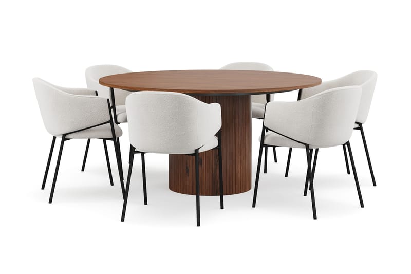 Kopparbo Pyöreä Ruokapöytä 150 cm 6 Filip Ruokatuolilla, Pähkinä / Valkoinen Bouclé