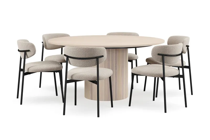 Kopparbo Pyöreä Ruokapöytä 150 cm 6 Lucy Ruokatuolilla - Valkoinen / Greige Bouclé / Metallijalat Musta - Huonekalut - Pöytä & ruokailuryhmä - Ruokailuryhmä