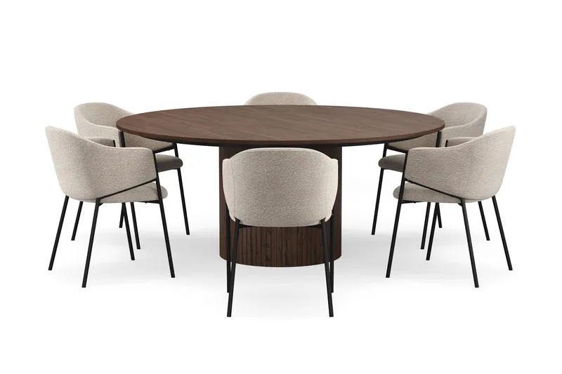 Kopparbo Pyöreä Ruokapöytä 180 cm 6 Filip Ruokatuolilla - Pähkinä / Taupe Bouclé - Huonekalut - Pöytä & ruokailuryhmä - Ruokailuryhmä
