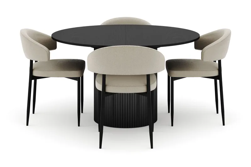 Kopparbo Pyöreä Ruokapöytä 130 cm Jatkettava ja 4 Sawako Tuolia - Musta - Huonekalut - Pöytä & ruokailuryhmä - Ruokailuryhmä