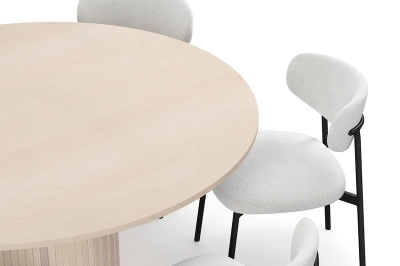 Kopparbo Pyöreä Ruokapöytä 150 cm 6 Lucy Ruokatuolilla - Valkoinen / Valkoinen Bouclé / Metallijalat Musta - Huonekalut - Pöytä & ruokailuryhmä - Ruokailuryhmä
