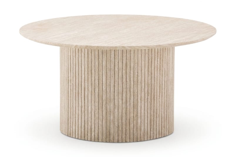Kopparbo pyöreä sohvapöytä 85 cm travertiinin näköisellä pinnalla, uurretulla pylväsjalalla ja ohuella pöytälevyllä - Beige - Huonekalut - Pöytä & ruokailuryhmä - Sohvapöytä