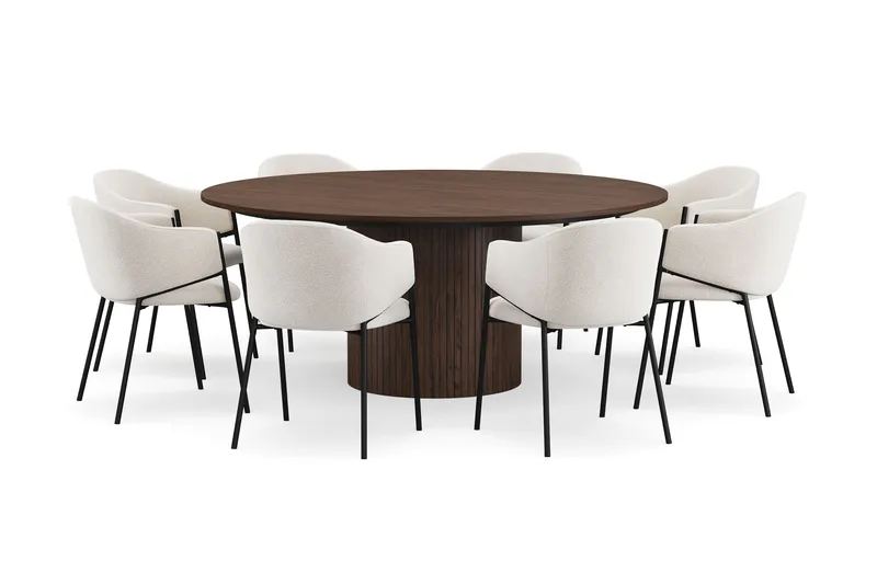 Kopparbo Pyöreä Ruokapöytä 180 cm 8 Filip Ruokatuolilla, Pähkinä / Valkoinen Bouclé