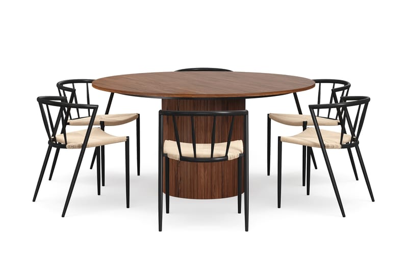 Kopparbo Pyöreä Ruokapöytä 150 cm 6 Winston Ruokatuolilla - Pähkinä / Beige / Metallijalat Musta - Huonekalut - Pöytä & ruokailuryhmä - Ruokailuryhmä