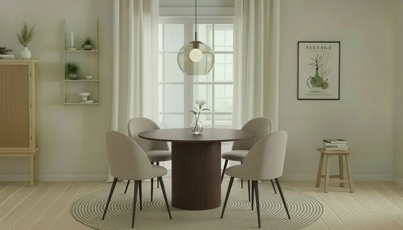 Kopparbo Pyöreä Ruokapöytä 120 cm 4 Nibe Plus Ruokatuolilla - Tummanruskea / Greige Bouclé / Metallijalat Pähkinä - Huonekalut - Pöytä & ruokailuryhmä - Ruokailuryhmä