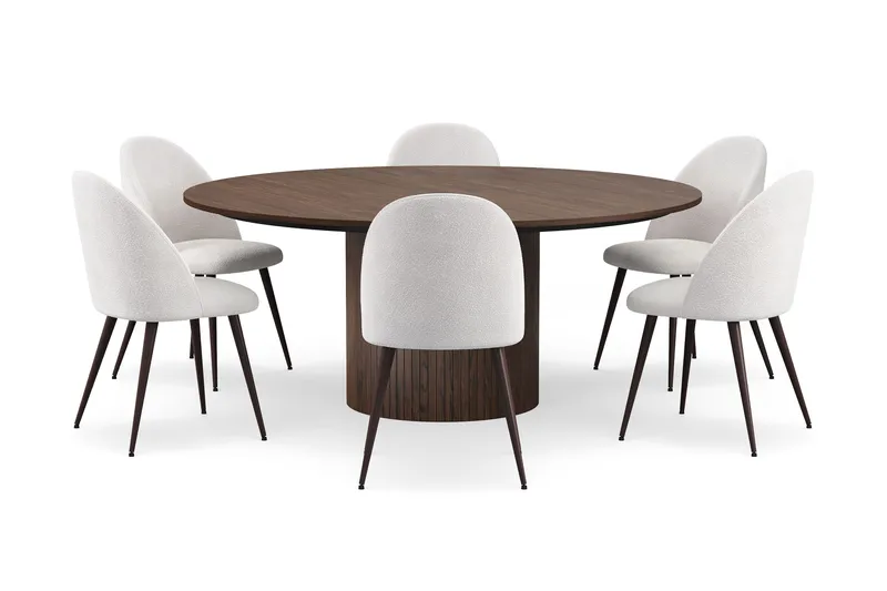 Kopparbo Pyöreä Ruokapöytä 180 cm 6 Nibe Plus Ruokatuolilla - Pähkinä / Valkoinen Bouclé / Metallijalat Pähkinä - Huonekalut - Pöytä & ruokailuryhmä - Ruokailuryhmä