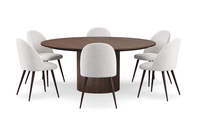 Kopparbo Pyöreä Ruokapöytä 180 cm 6 Nibe Plus Ruokatuolilla - Pähkinä / Valkoinen Bouclé / Metallijalat Pähkinä - Huonekalut - Pöytä & ruokailuryhmä - Ruokailuryhmä