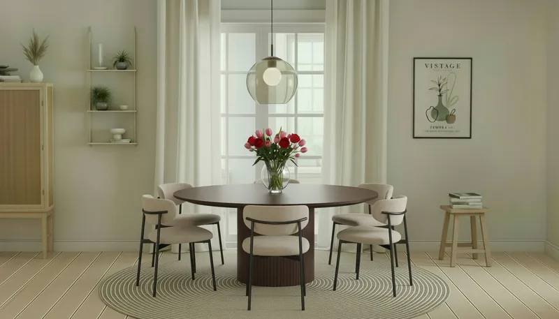 Kopparbo Pyöreä Ruokapöytä 180 cm 6 Lucy Ruokatuolilla - Pähkinä / Greige Bouclé / Metallijalat Musta - Huonekalut - Pöytä & ruokailuryhmä - Ruokailuryhmä